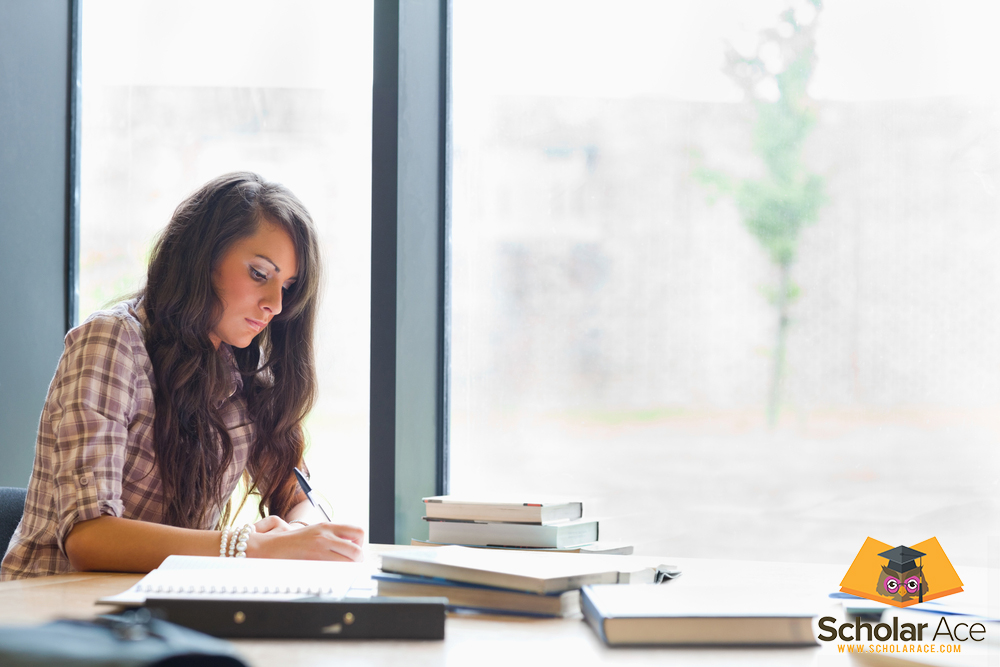 girl writing argumentative essay in collage