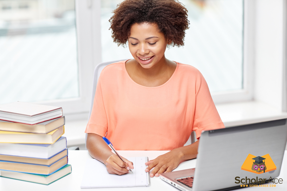 girl writing an essay in library 